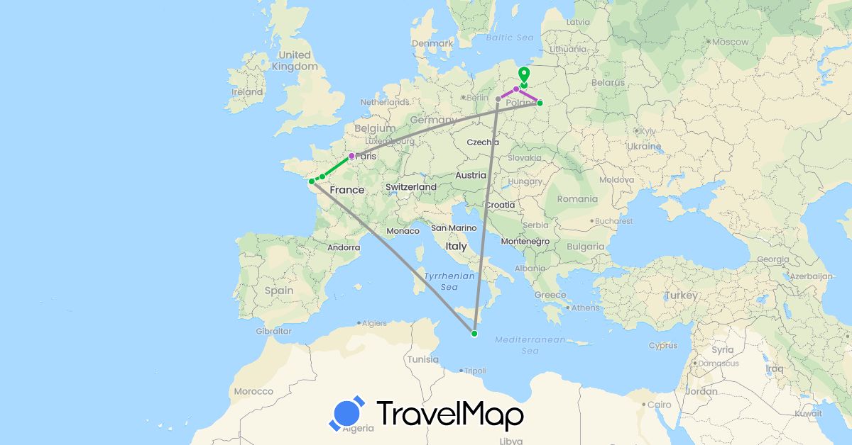 TravelMap itinerary: driving, bus, plane, train in France, Malta, Poland (Europe)